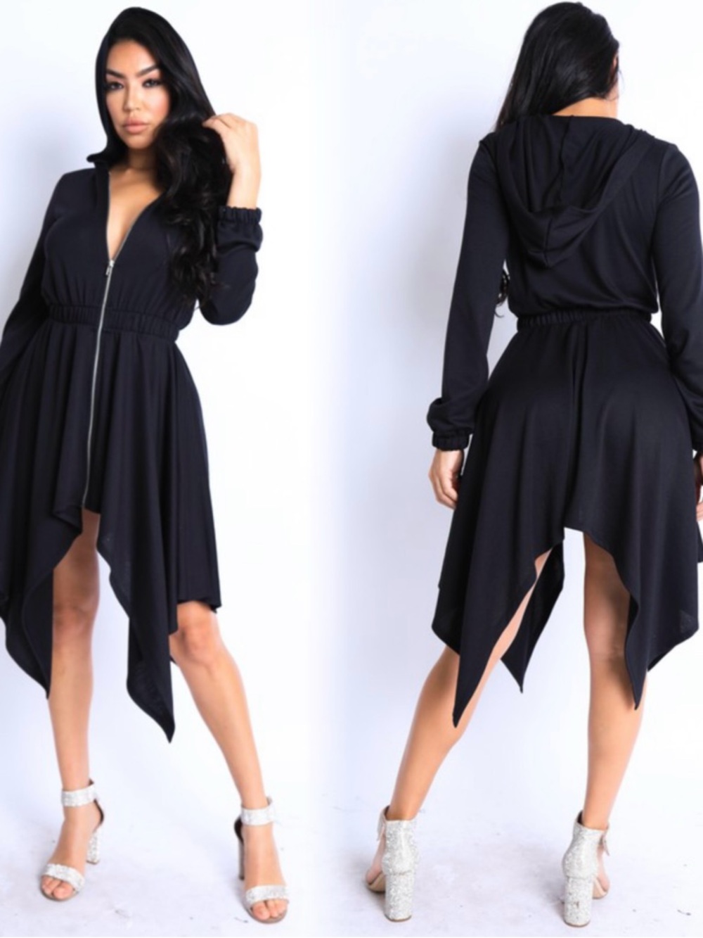 Asymmetric Black Hooded Zip-Front Dress